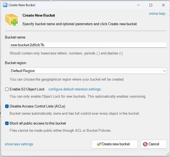 Диалоговое окно «Create New Bucket», дополнительные настройки